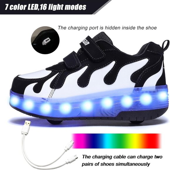 Kids Black/white Usb Chargeable Led Light Up Wheeled Skate Sneaker Shoes - Picture 2 of 6